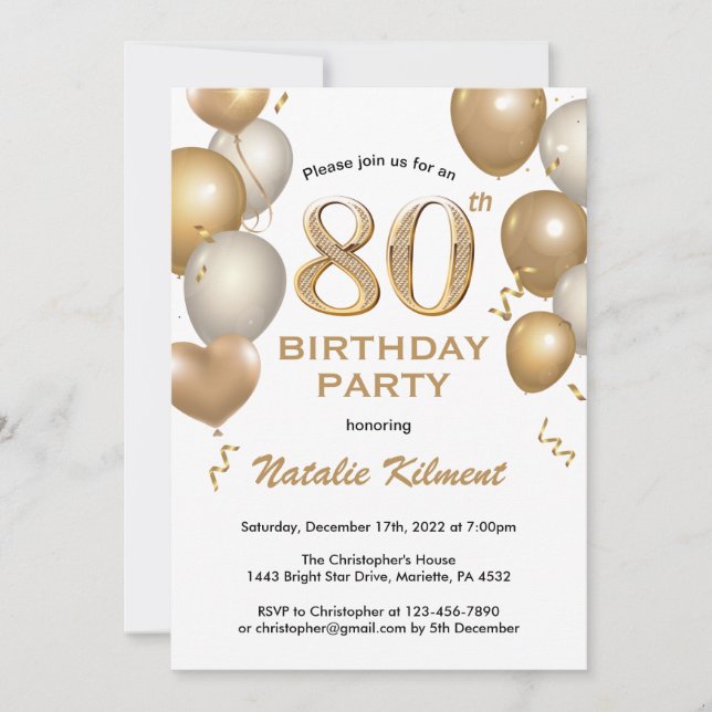 Invitation 80e anniversaire Ballons de Parties scintillant bl (Devant)