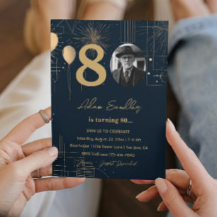 Invitation 80e anniversaire ballons et feux d'artifice
