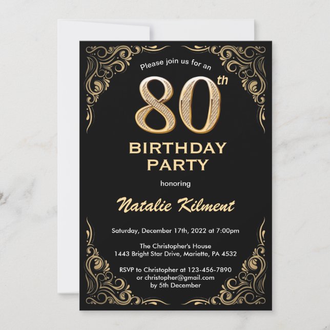 Invitation 80e anniversaire Black and Gold Parties scintillan (Devant)