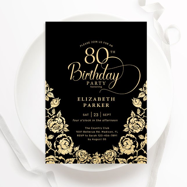 Invitation 80e anniversaire Black Gold Roses (Créateur téléchargé)