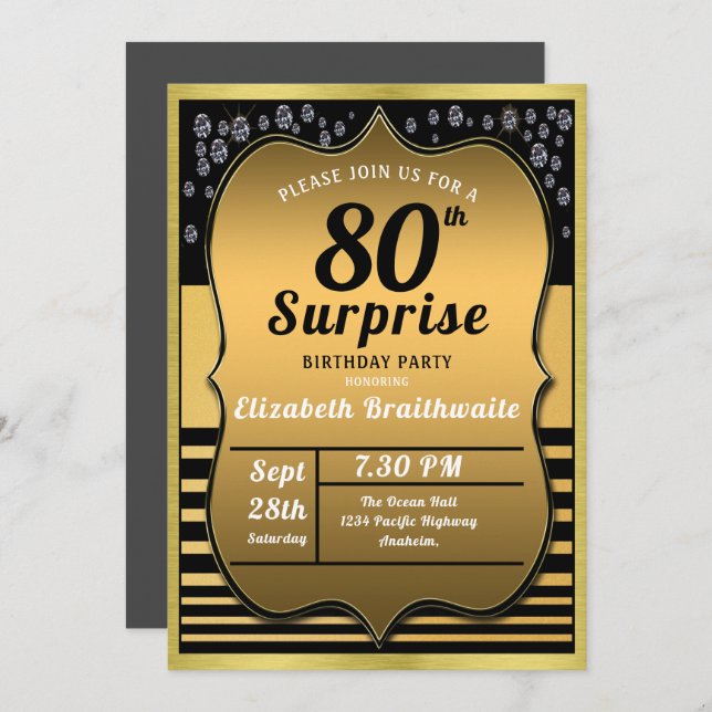 Invitation 80e anniversaire Black Gold Surprise Party (Devant / Derrière)