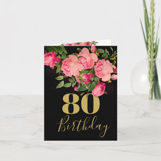 Invitation 80e anniversaire Black Photo Roses Floral Elegant (Devant)