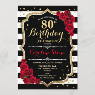 Invitation 80e anniversaire Black White Stripes Ro