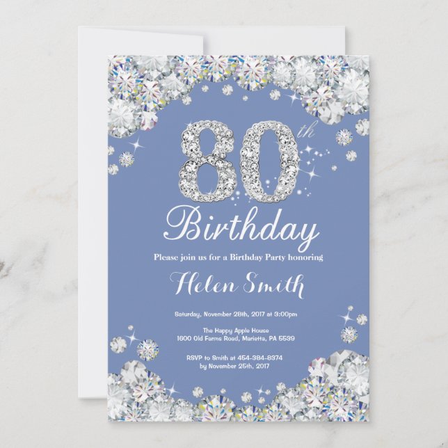 Invitation 80e anniversaire Bleu et Diamant d'argent (Devant)