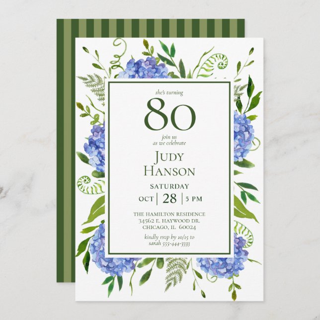 Invitation 80e anniversaire Blue Hydrangeas (Devant / Derrière)