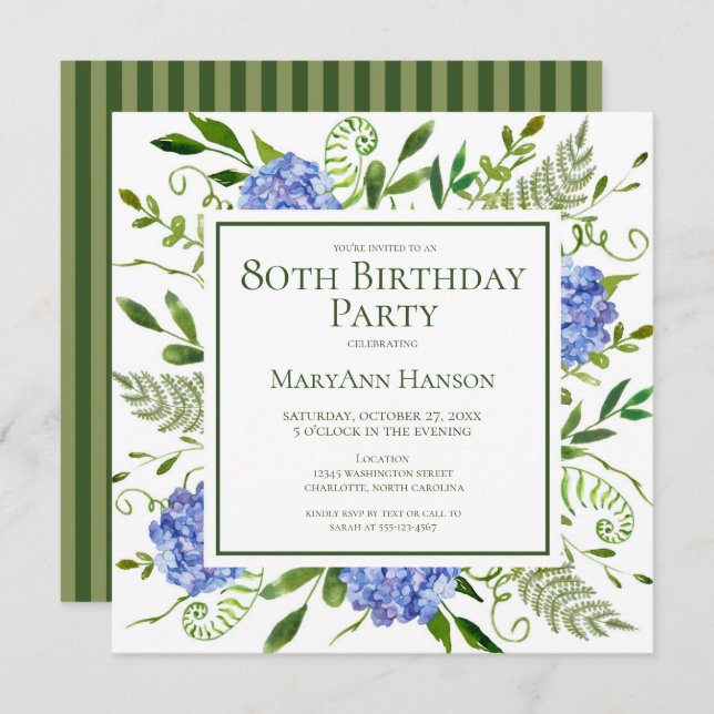 Invitation 80e anniversaire Blue Hydrangeas Floral Aquarelle (Devant / Derrière)