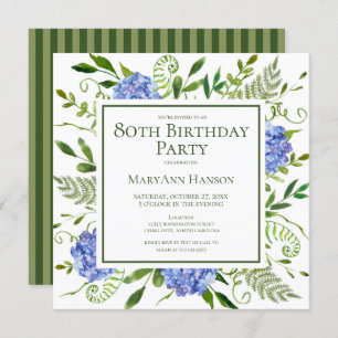 Invitation 80e anniversaire Blue Hydrangeas Floral Aquarelle