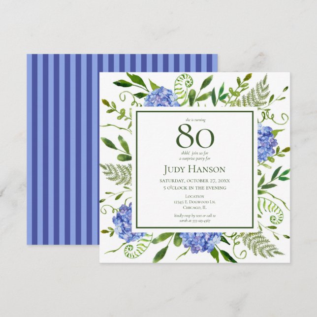 Invitation 80e anniversaire Blue Hydrangeas Floral Aquarelle (Devant / Derrière)