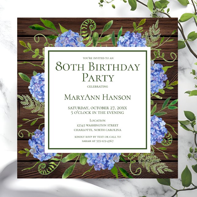 Invitation 80e anniversaire Blue Hydrangeas Floral Aquarelle (Créateur téléchargé)