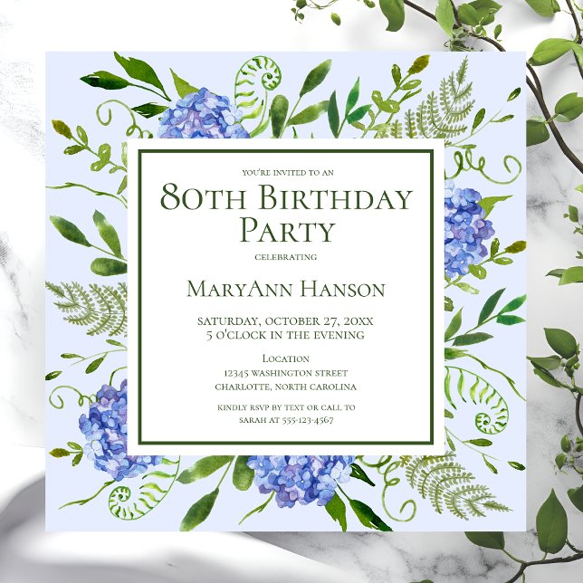 Invitation 80e anniversaire Blue Hydrangeas Floral Aquarelle (Créateur téléchargé)