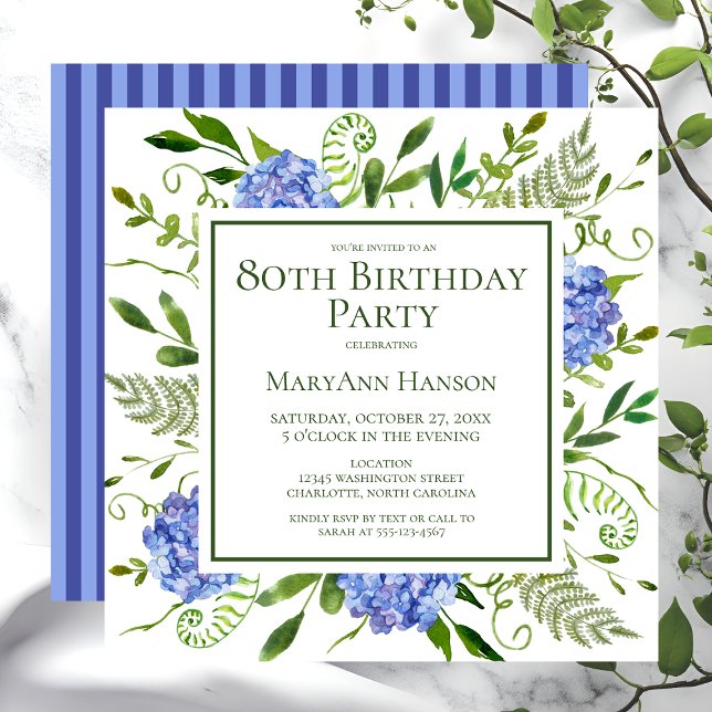 Invitation 80e anniversaire Blue Hydrangeas Floral Aquarelle (Créateur téléchargé)