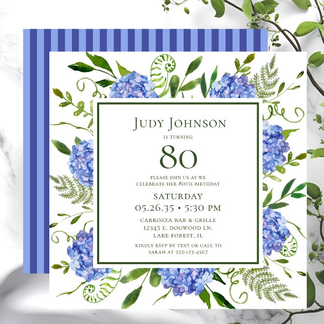 Invitation 80e anniversaire Blue Hydrangeas Floral Aquarelle (Créateur téléchargé)