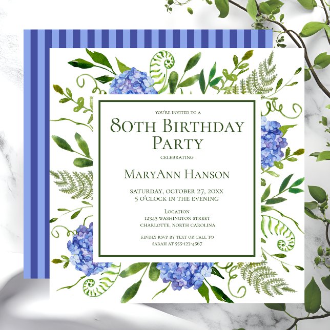 Invitation 80e anniversaire Blue Hydrangeas Floral Aquarelle (Créateur téléchargé)