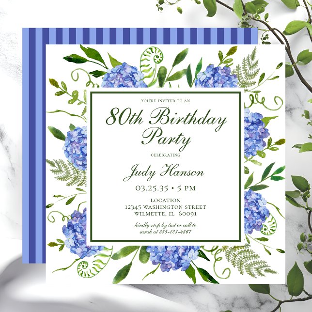 Invitation 80e anniversaire Blue Hydrangeas Floral Aquarelle (Créateur téléchargé)