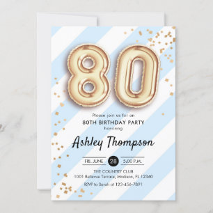 Invitation 80e anniversaire - Blue Stripes Gold Ballons