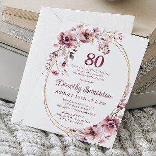 Invitation 80e anniversaire Bourgogne Blush Fleur sauvage ros