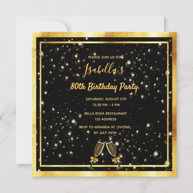 Invitation 80e anniversaire bulles d'or noir (Devant)
