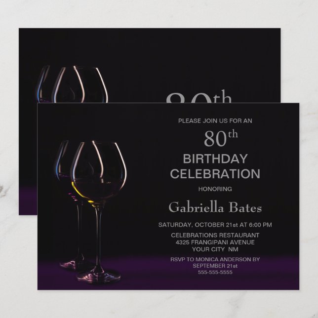 Invitation 80e anniversaire Célébration Black Purple Vin Verr (Devant / Derrière)