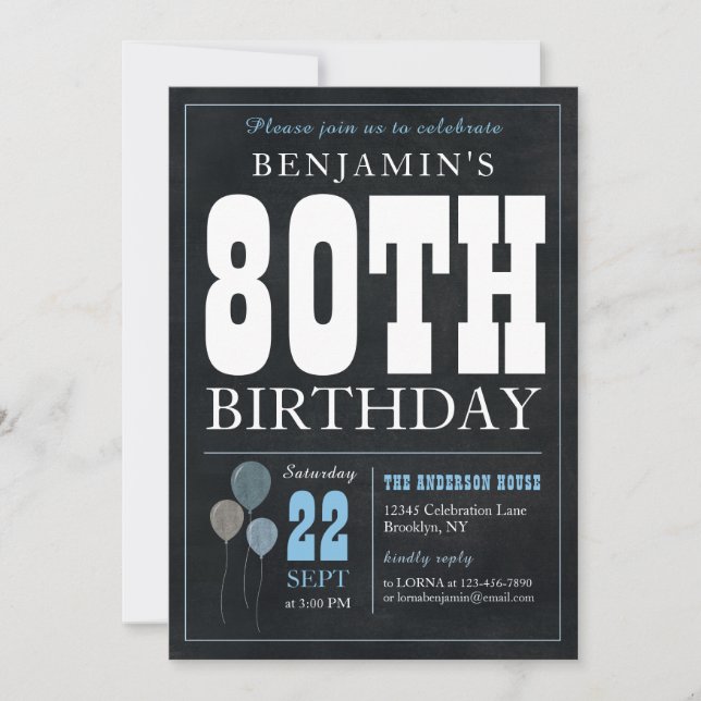 Invitation 80e anniversaire Chalkboard Blue Balloon Rustic Ch (Devant)