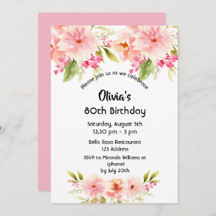 Invitation 80e anniversaire corail dahlia fleurs rose pastel