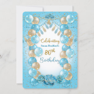 Invitation 80e anniversaire Dames Blue Gold Balloons Design
