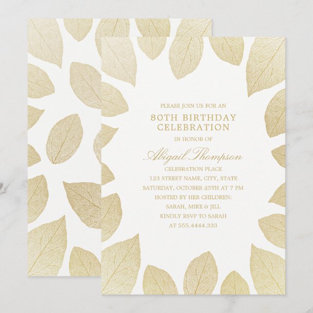 Invitation 80e anniversaire de fête Elégant Feuilles d'or (Devant / Derrière)