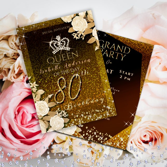 Invitation 80e anniversaire de l'or de la Couronne scintillan (Elegant crown birthday Invitation card for your mom or grandmother for her special 80th birthday.)