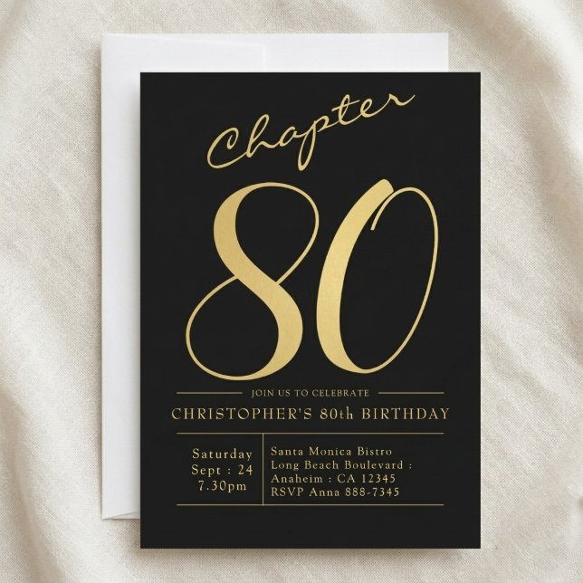 Invitation 80e anniversaire de mariage 80 ans noir or (Black and Gold 80th Birthday Invitation. Light cloth background.)
