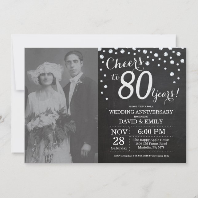 Invitation 80e Anniversaire de Mariage Tableau Noir Argent (Devant)