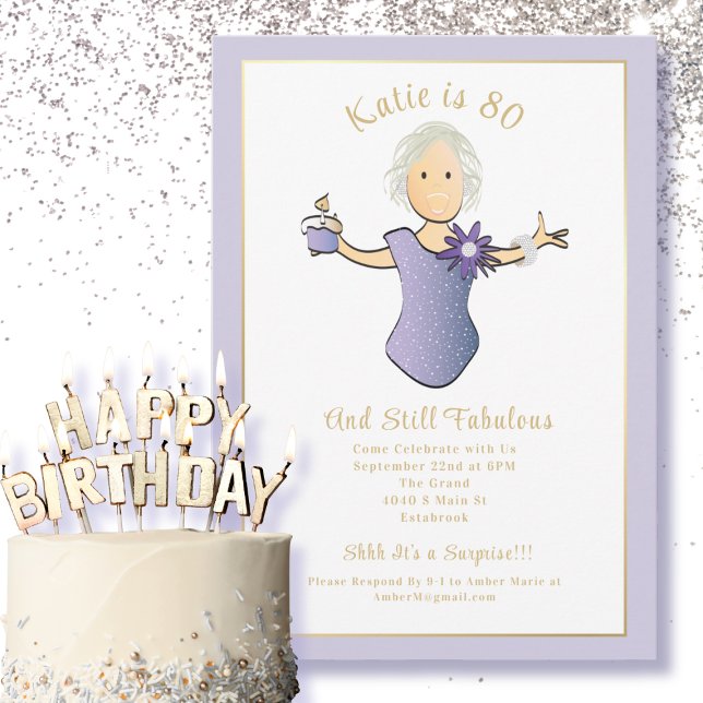 Invitation 80e anniversaire Élégant Bleu Or Dessin Animé Fab  (Créateur téléchargé)