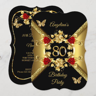 Invitation 80e Anniversaire Élégant Or Roses Rouges Noir