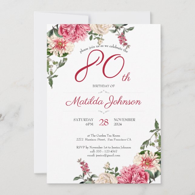 Invitation 80e anniversaire Elégante Floral Rose Red Custom P (Devant)