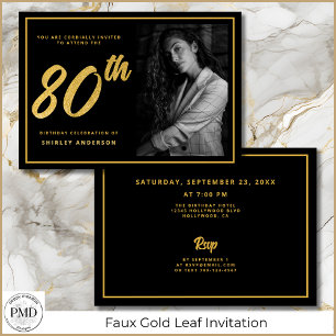 Invitation 80e anniversaire Elégante photo Black Faux Gold Le