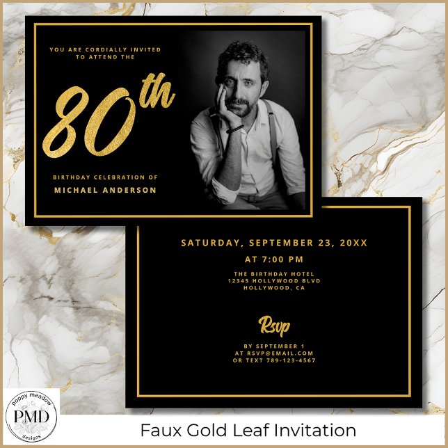 Invitation 80e anniversaire Elégante photo Black Gold (70th Birthday Black and Gold Photo Invitation with Faux Gold Leaf, Party Details on the Back.)