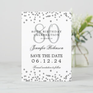 Invitation 80e anniversaire fête Argent Date de sauvegarde Co