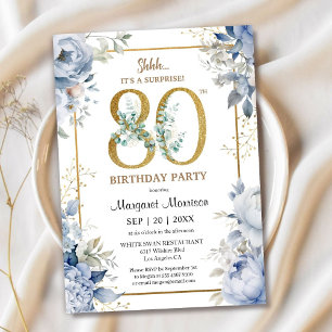 Invitation 80e anniversaire fête Elégante Dusty Blue Floral