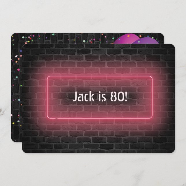 Invitation 80e Anniversaire Fête néon enseigne sur le mur (Devant / Derrière)