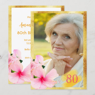 Invitation 80e anniversaire fête rose floral blanc photo