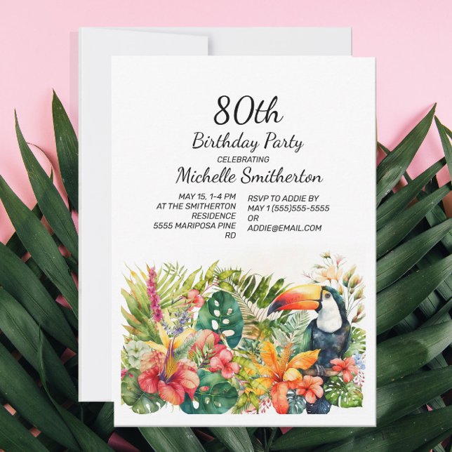 Invitation 80e anniversaire Fleur Tropicale Toucan (Créateur téléchargé)