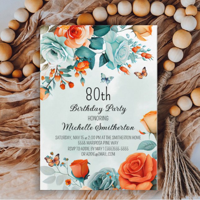Invitation 80e anniversaire Fleurs Papillons Orang (Créateur téléchargé)