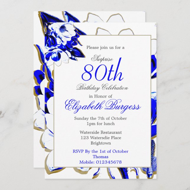 Invitation 80e anniversaire floral bleu et blanc printemps él (Devant / Derrière)