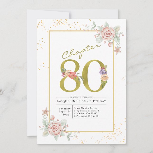 Invitation 80e anniversaire Floral Gold Script (Devant)