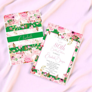Invitation 80e anniversaire Floral Rose Vert rose
