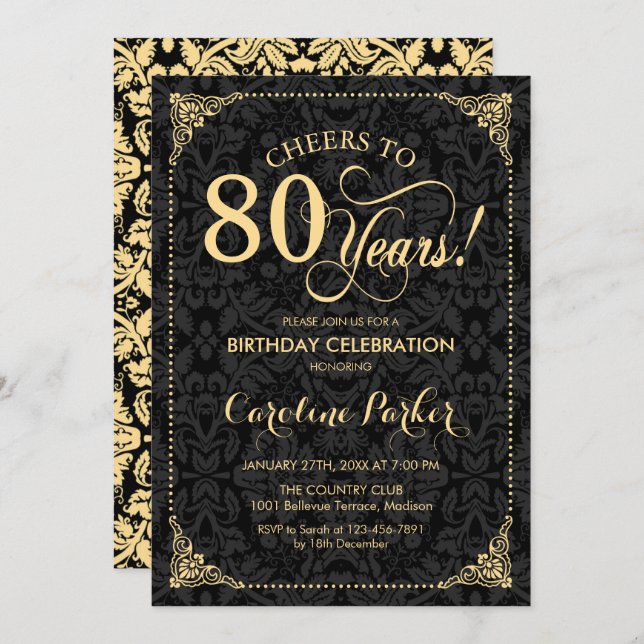Invitation 80e anniversaire - Gold Black Damask (Devant / Derrière)
