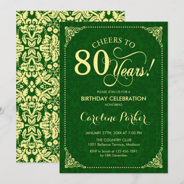 Invitation 80e anniversaire - Gold Green Damask (Devant / Derrière)