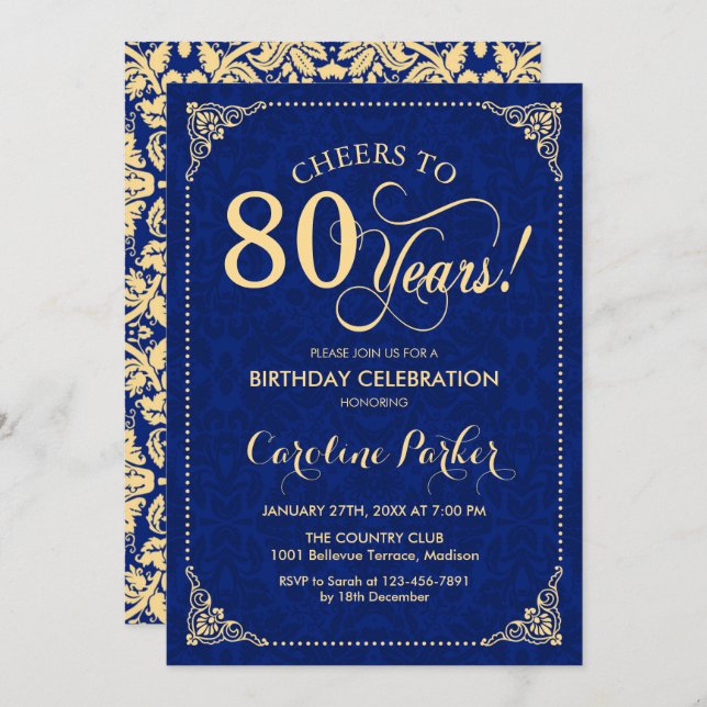 Invitation 80e anniversaire - Gold Navy Damask (Devant / Derrière)