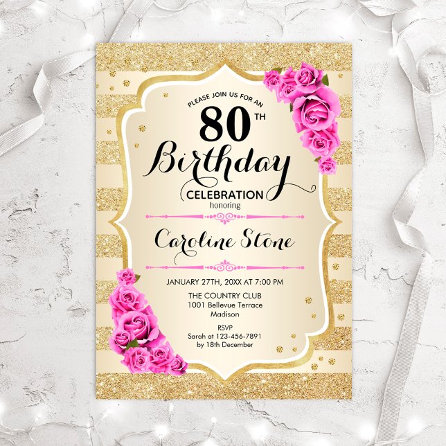 Invitation 80e anniversaire - Gold Stripes rose Roses Invitat (Créateur téléchargé)