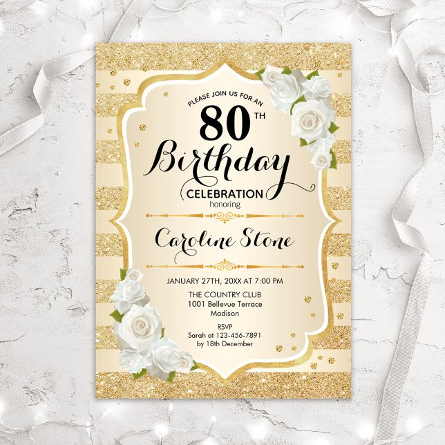 Invitation 80e anniversaire - Gold Stripes Roses blanches (Créateur téléchargé)