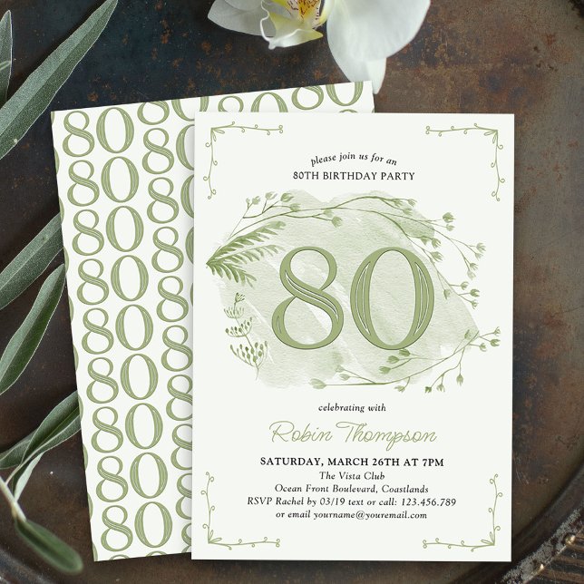 Invitation 80e anniversaire Green Dainty Fleur sauvage Numéro (80th Birthday Invitation - buy professionally printed or as digital download for printing or sharing)