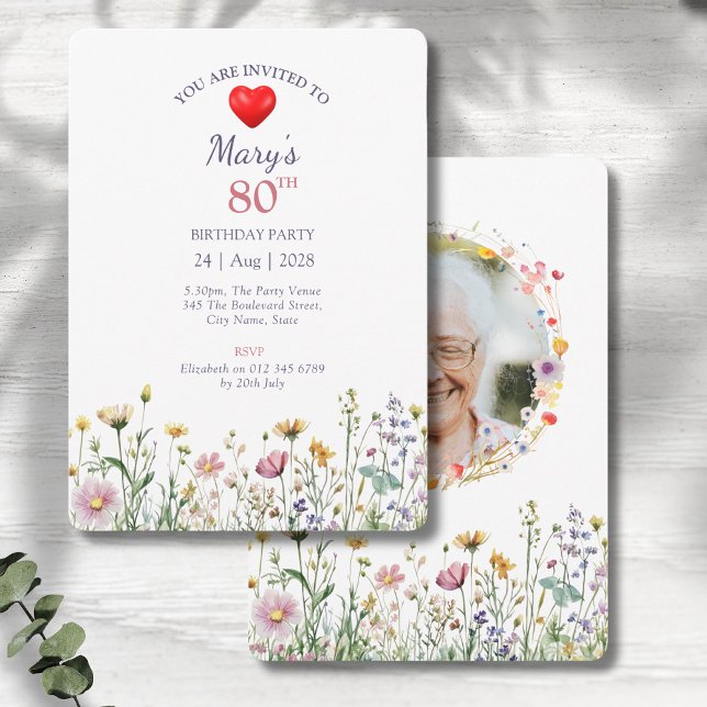 Invitation 80e anniversaire Jardin Floral Wild Meadow Photo (80th birthday floral birthday party invitations on a grey wood background)